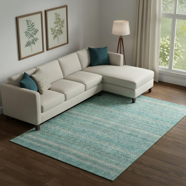 HomeRoots 10' X 14' Teal and Beige Striped Area Rug – Durable, Washable, UV-Protected for Everyday Living Spaces 718043