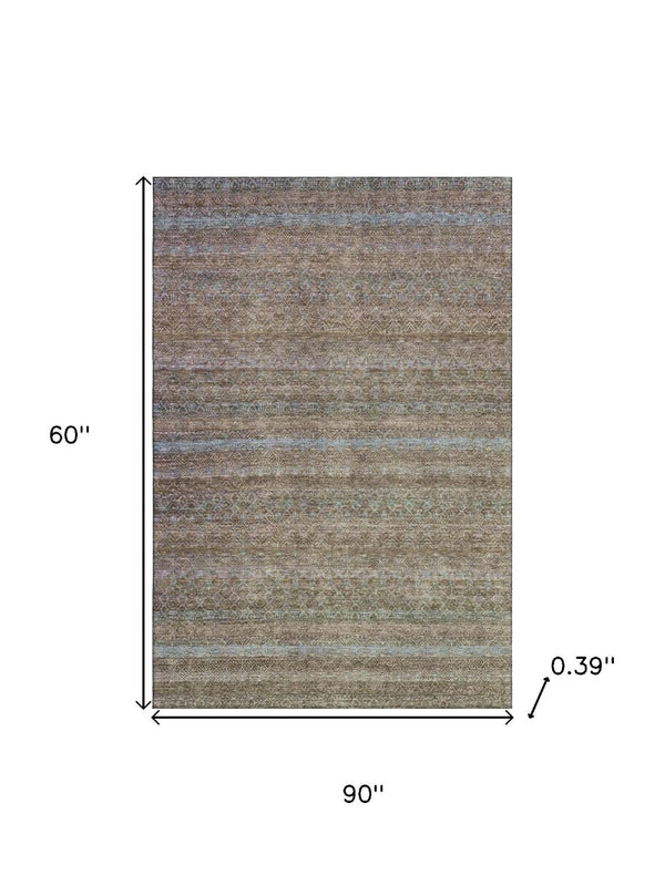 HomeRoots 8' Washable Round Rug with Brown and Blue Stripes - UV Protected, Durable, Non-Slip, Kid-Friendly! 718046
