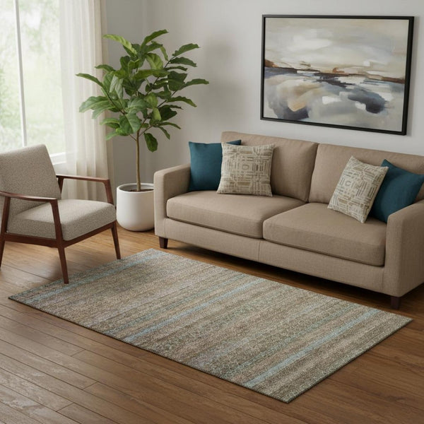 HomeRoots 8' Washable Round Rug with Brown and Blue Stripes - UV Protected, Durable, Non-Slip, Kid-Friendly! 718046