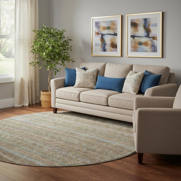 HomeRoots 8' X 10' Washable Area Rug – Stylish Brown and Blue Stripes with UV Protection for Family Homes 718047