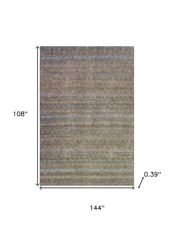 HomeRoots 10' X 14' Brown and Blue Striped Washable Area Rug - Durable, UV-Protected, Non-Slip for Active Homes 718049