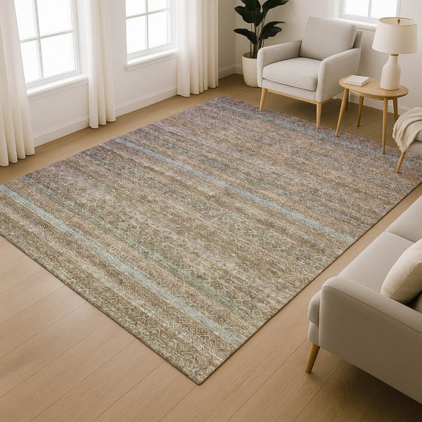 HomeRoots 10' X 14' Brown and Blue Striped Washable Area Rug - Durable, UV-Protected, Non-Slip for Active Homes 718049