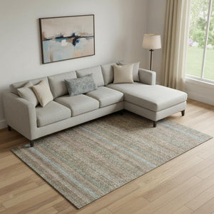 HomeRoots 10' X 14' Brown and Blue Striped Washable Area Rug - Durable, UV-Protected, Non-Slip for Active Homes 718049