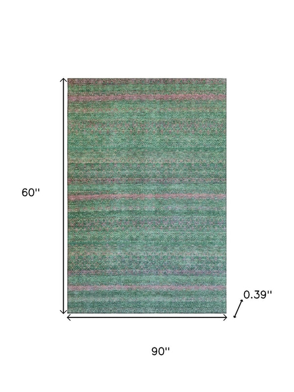 HomeRoots 8' Washable Round Rug with Striking Green and Blush Stripes – UV Protected, Soft, Durable & Stylish! 718052