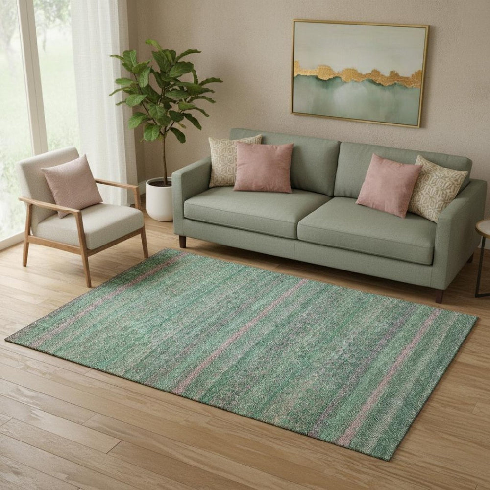 HomeRoots 8' Washable Round Rug with Striking Green and Blush Stripes – UV Protected, Soft, Durable & Stylish! 718052