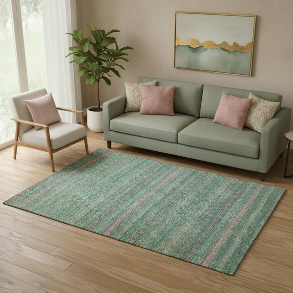 HomeRoots 8' Washable Round Rug with Striking Green and Blush Stripes – UV Protected, Soft, Durable & Stylish! 718052