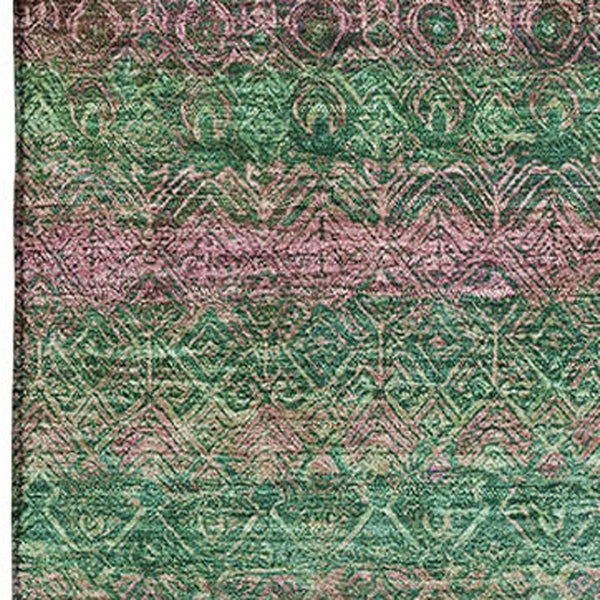 HomeRoots 9' X 12' Striped Area Rug in Green and Blush – Washable, UV-Protected, and Perfect for Busy Homes! 718054