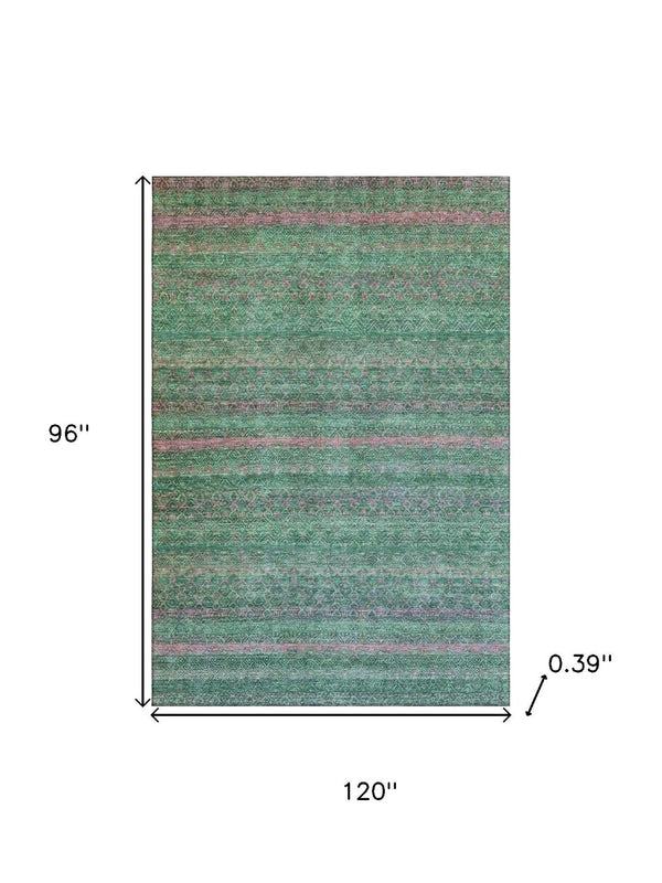 HomeRoots 9' X 12' Striped Area Rug in Green and Blush – Washable, UV-Protected, and Perfect for Busy Homes! 718054
