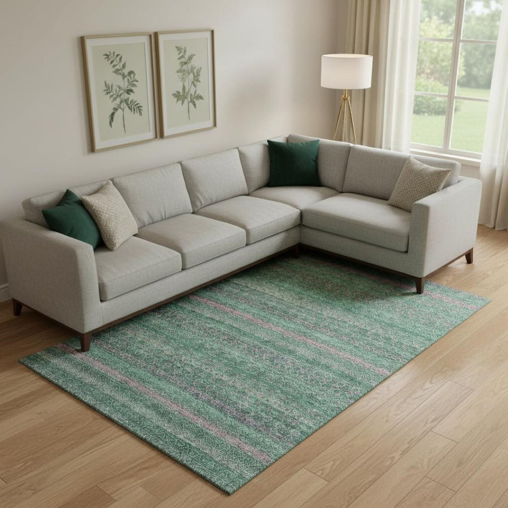 HomeRoots 9' X 12' Striped Area Rug in Green and Blush – Washable, UV-Protected, and Perfect for Busy Homes! 718054