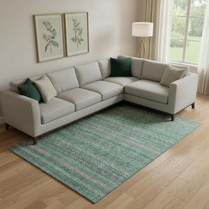 HomeRoots 9' X 12' Striped Area Rug in Green and Blush – Washable, UV-Protected, and Perfect for Busy Homes! 718054