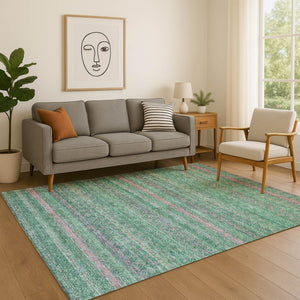 HomeRoots 10' X 14' Green And Blush Striped Washable Area Rug - Durable, UV-Protected, Pet-Friendly Design 718055