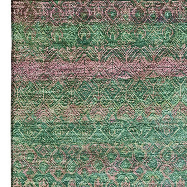 HomeRoots 10' X 14' Green And Blush Striped Washable Area Rug - Durable, UV-Protected, Pet-Friendly Design 718055