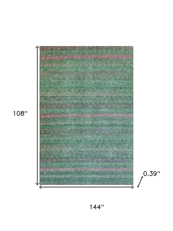 HomeRoots 10' X 14' Green And Blush Striped Washable Area Rug - Durable, UV-Protected, Pet-Friendly Design 718055