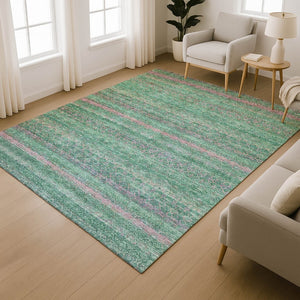 HomeRoots 10' X 14' Green And Blush Striped Washable Area Rug - Durable, UV-Protected, Pet-Friendly Design 718055