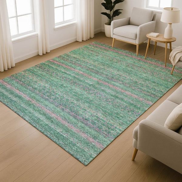 HomeRoots 10' X 14' Green And Blush Striped Washable Area Rug - Durable, UV-Protected, Pet-Friendly Design 718055