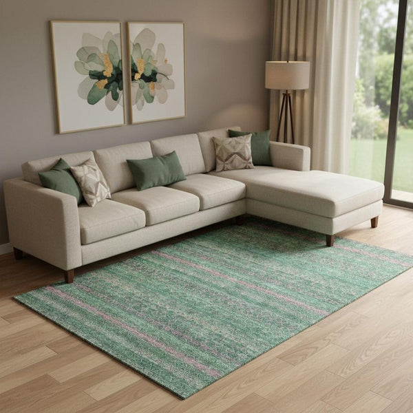 HomeRoots 10' X 14' Green And Blush Striped Washable Area Rug - Durable, UV-Protected, Pet-Friendly Design 718055