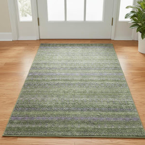 HomeRoots 5' Olive Green & Purple Striped Washable Area Rug - UV Protected, Durable, Stain Resistant Comfort 718057