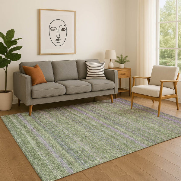 HomeRoots 8' Olive Green & Purple Striped Washable Round Rug - UV-Protected, Durable & Stylish for Any Room 718058