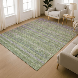 HomeRoots 8' Olive Green & Purple Striped Washable Round Rug - UV-Protected, Durable & Stylish for Any Room 718058