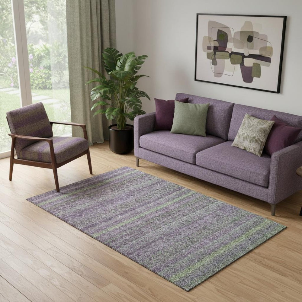 HomeRoots 8' Striking Purple and Green Striped Washable Round Rug with UV Protection for Active Homes 718064