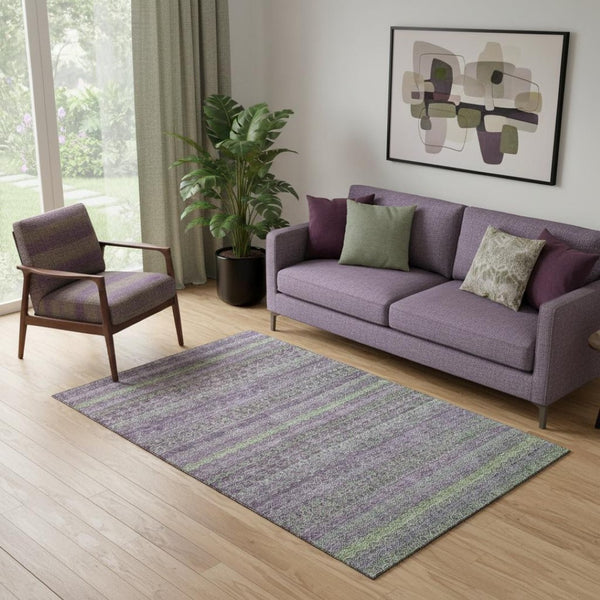 HomeRoots 8' Striking Purple and Green Striped Washable Round Rug with UV Protection for Active Homes 718064