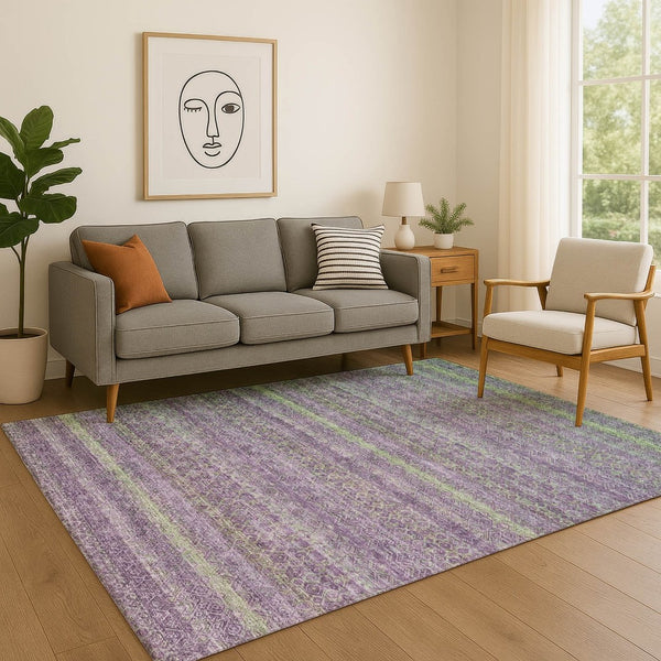 HomeRoots 9' X 12' Colorful Purple and Green Striped Washable Area Rug with UV Protection for Family Spaces 718066