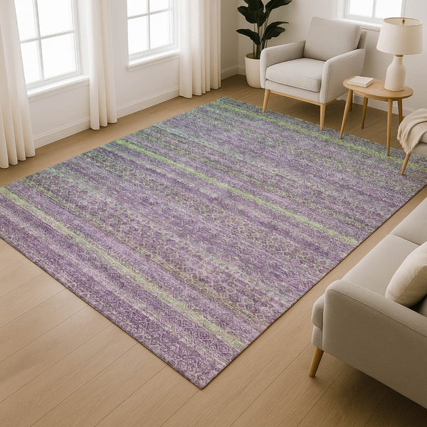 HomeRoots 9' X 12' Colorful Purple and Green Striped Washable Area Rug with UV Protection for Family Spaces 718066