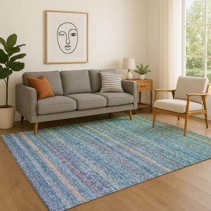 HomeRoots 8' Teal and Copper Striped Washable Round Rug - UV Protected, Stain-Resistant, Durable & Stylish! 718070