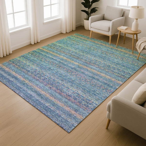 HomeRoots 8' Teal and Copper Striped Washable Round Rug - UV Protected, Stain-Resistant, Durable & Stylish! 718070