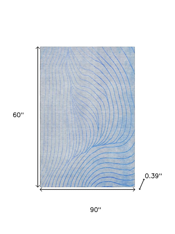 HomeRoots 8' Blue Abstract Washable Round Rug with Silver Accents, UV Protection & Stain Resistance for All Spaces 718094