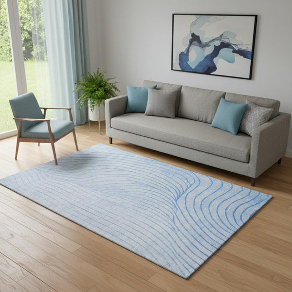 HomeRoots 8' Blue Abstract Washable Round Rug with Silver Accents, UV Protection & Stain Resistance for All Spaces 718094