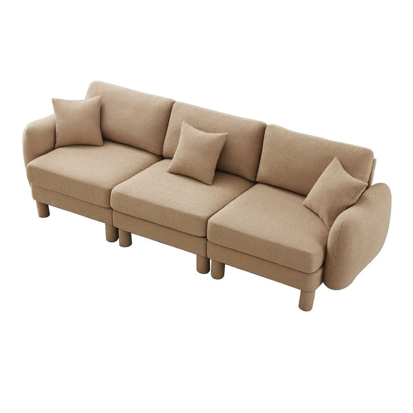 English Elm Boucle 3-Seater Sofa With Sculptural Shell Armrests, Plush Coffee Fabric, And Modern Cylindrical Legs W3041S00284