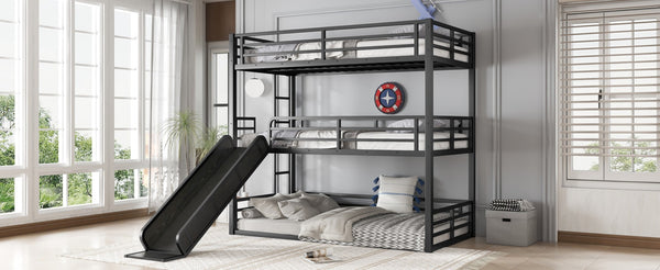 English Elm Twin Xl Metal Triple Bunk Bed With Slide, Heavy-Duty Design, Safety Guardrails, Space-Saving Solution W1580S00170-GIGA