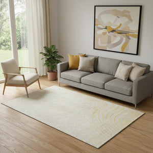 HomeRoots 8' Gold and Silver Abstract Washable Round Rug - Stylish, Durable, UV Protected for High-Traffic Rooms 718106