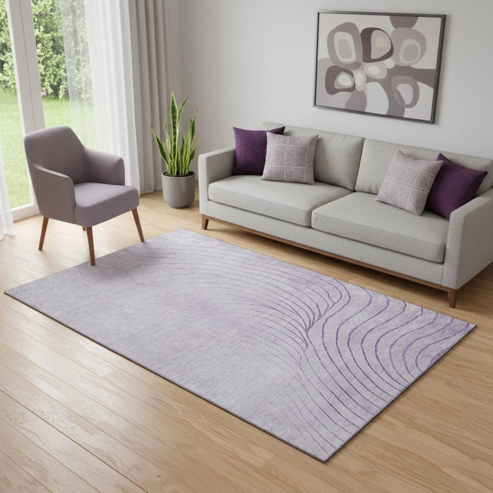 HomeRoots 8' Lavender and Silver Abstract Washable Round Rug with UV Protection - Stylish, Durable, and Easy-Clean! 718112