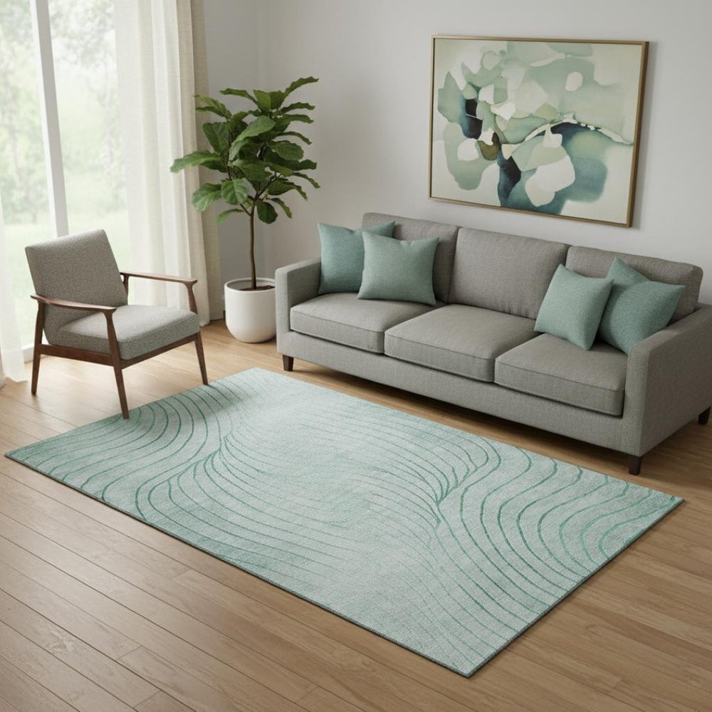 HomeRoots 8' Mint Green and Silver Abstract Washable Round Rug - UV Protected, Stain Resistant, Non-Slip Design 718118