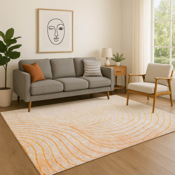 HomeRoots 8' Vibrant Orange and Silver Abstract Round Rug - Washable, UV-Protected, Durable for High-Traffic Areas 718124