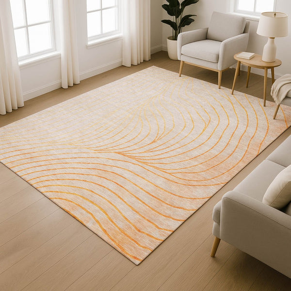 HomeRoots 8' Vibrant Orange and Silver Abstract Round Rug - Washable, UV-Protected, Durable for High-Traffic Areas 718124