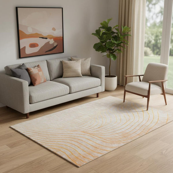 HomeRoots 8' Vibrant Orange and Silver Abstract Round Rug - Washable, UV-Protected, Durable for High-Traffic Areas 718124