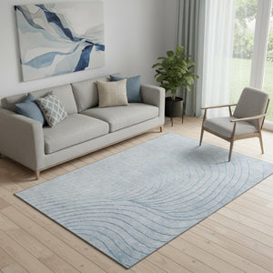 HomeRoots 8' Sky Blue & Silver Abstract Washable Round Rug - UV Protected, Soft, Non-Slip & Easy Care Design 718130