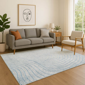 HomeRoots 9' X 12' Sky Blue & Silver Abstract Washable Area Rug – Durable, UV-Protected, Modern Style for Homes 718132