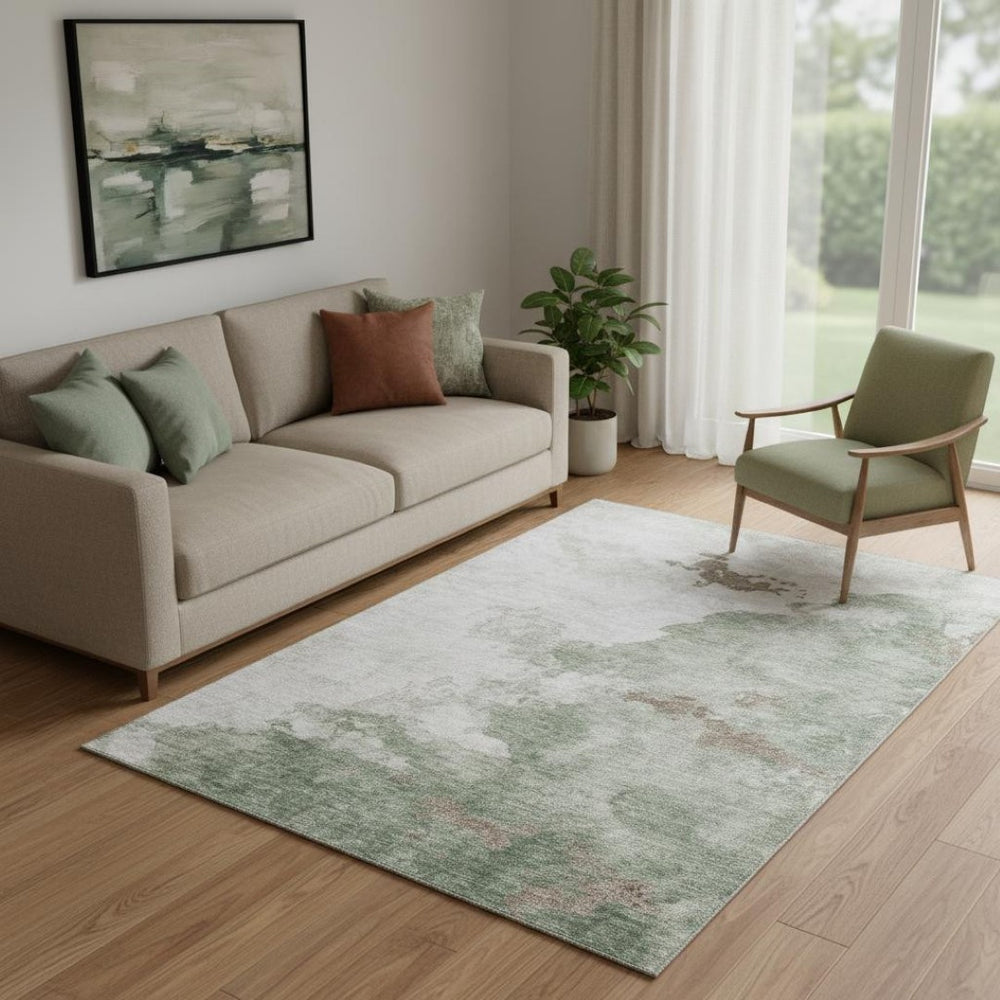 HomeRoots 8' Sage and Linen Abstract Round Rug - Washable, UV Protected, Durable, Stylish for Active Homes 718136