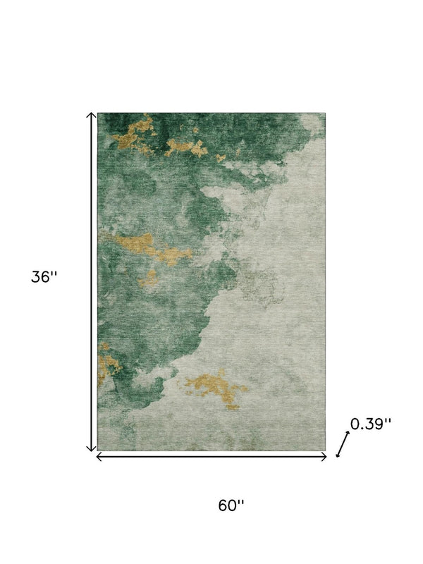 HomeRoots 5' X 8' Emerald & Gold Abstract Area Rug - Washable, UV-Protected, Non-Slip, Modern Design for Any Room 718141