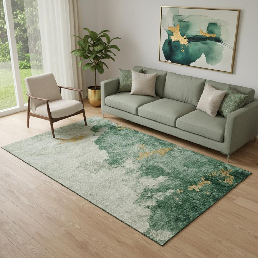 HomeRoots 8' Emerald & Gold Abstract Washable Round Rug - UV-Resistant, Stain-Proof, Perfect for High-Traffic Areas 718142
