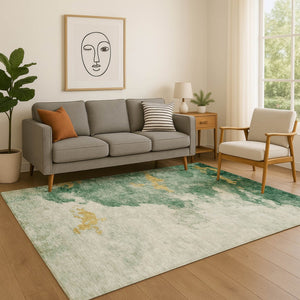 HomeRoots 9' X 12' Emerald & Gold Abstract Area Rug – Stylish, Washable, UV-Protected, Durable for Active Homes 718144