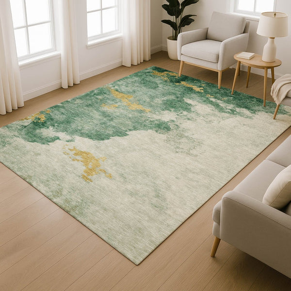 HomeRoots 9' X 12' Emerald & Gold Abstract Area Rug – Stylish, Washable, UV-Protected, Durable for Active Homes 718144