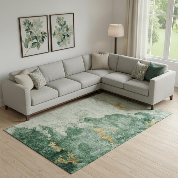 HomeRoots 9' X 12' Emerald & Gold Abstract Area Rug – Stylish, Washable, UV-Protected, Durable for Active Homes 718144