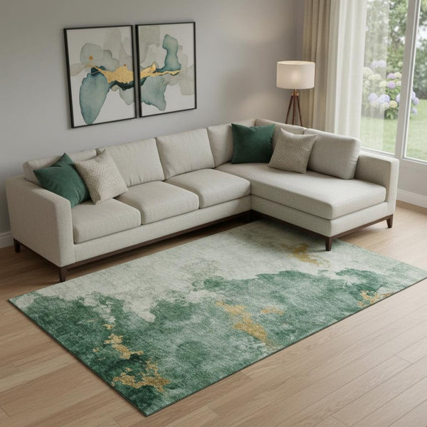HomeRoots 10' X 14' Emerald & Gold Abstract Area Rug - Stylish, Washable, UV-Protected, Durable for Homes 718145
