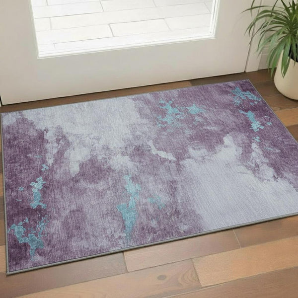 HomeRoots 5' X 8' Stylish Lavender & Teal Abstract Washable Area Rug with UV Protection for Modern Homes 718147