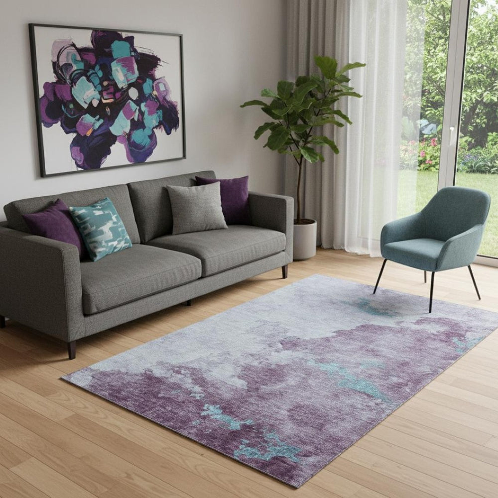 HomeRoots 8' Lavender and Teal Abstract Washable Round Rug – UV Protected, Stylish, Durable, Easy to Clean 718148
